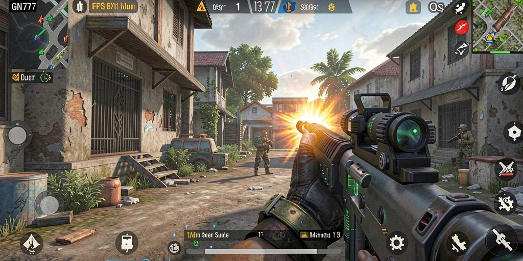 Screenshot gameplay GN777, menunjukkan aksi tembak-menembak yang mendebarkan.