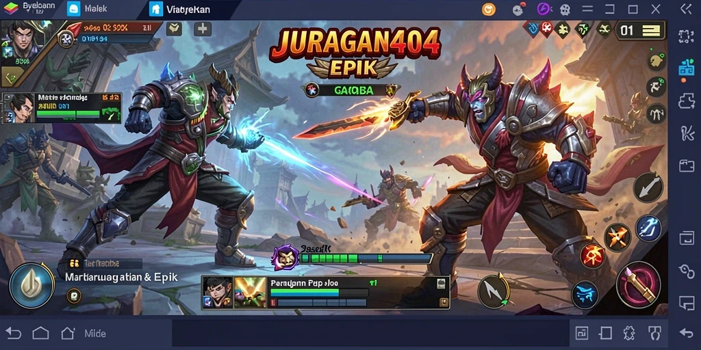 Screenshot utama JURAGAN404 menampilkan aksi pertarungan MOBA yang mendebarkan.